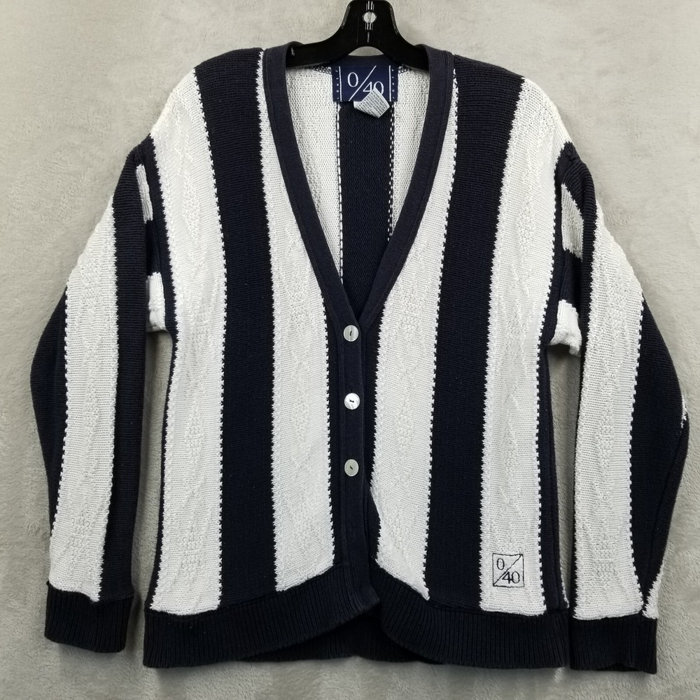 Vintage Cardigan Women Small‎ Blue White 3D Knit 100% Cotton Tennis Love Forty